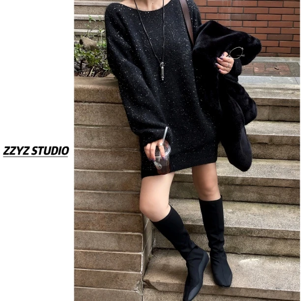 【ZZYZ】“可可栗子”巨好看法式高级松弛感亮片毛衣+针织半身裙套装