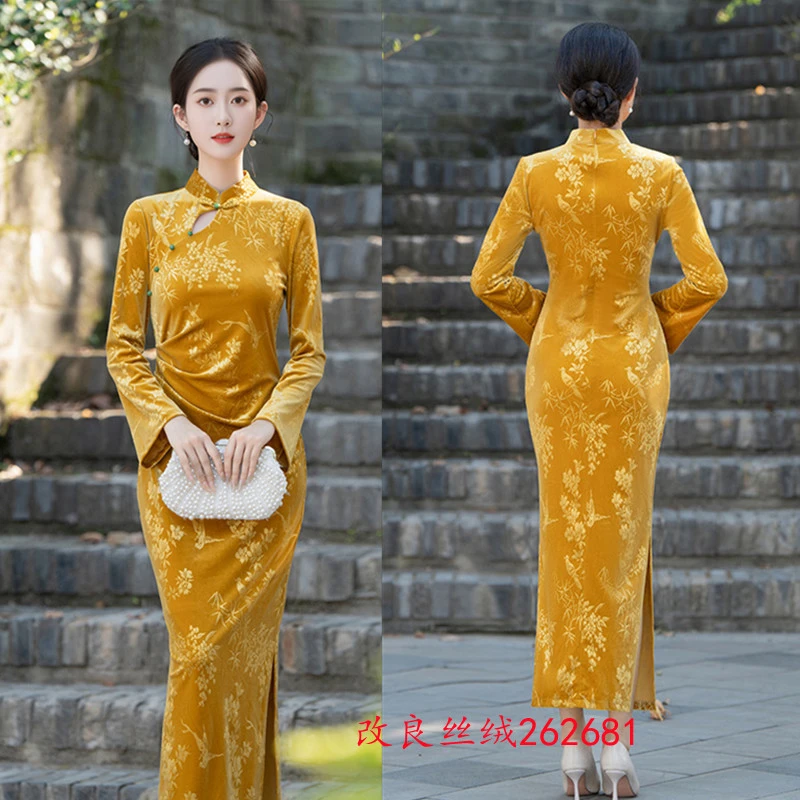 黄色改良丝绒长款新中式长袖旗袍秋冬秋季新款日常可穿女士旗袍裙