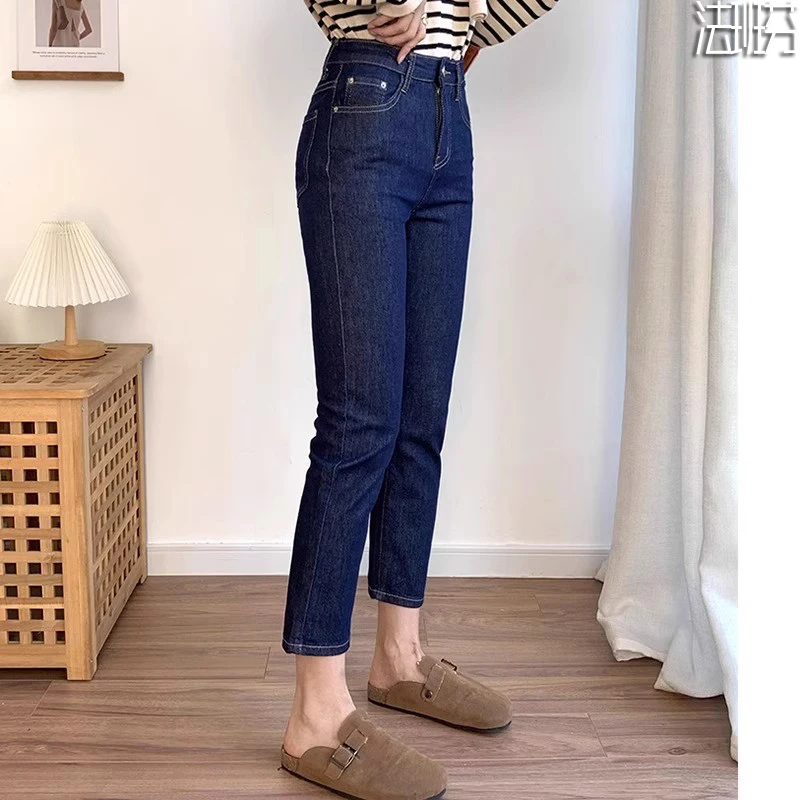 丹宁蓝高腰直筒牛仔裤女春秋2025秋季加绒八九分烟管牛仔裤法棍裤