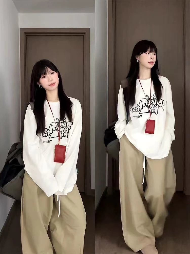【100%棉】春秋长袖秋衣休闲透气上衣男女圆领印花T恤 狗宠