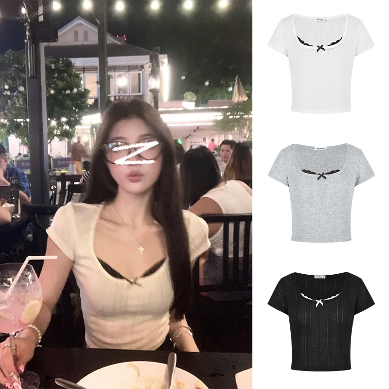 Moses Queen/魔西女王假两件蕾丝拼接短袖T恤纯欲辣妹短款上衣