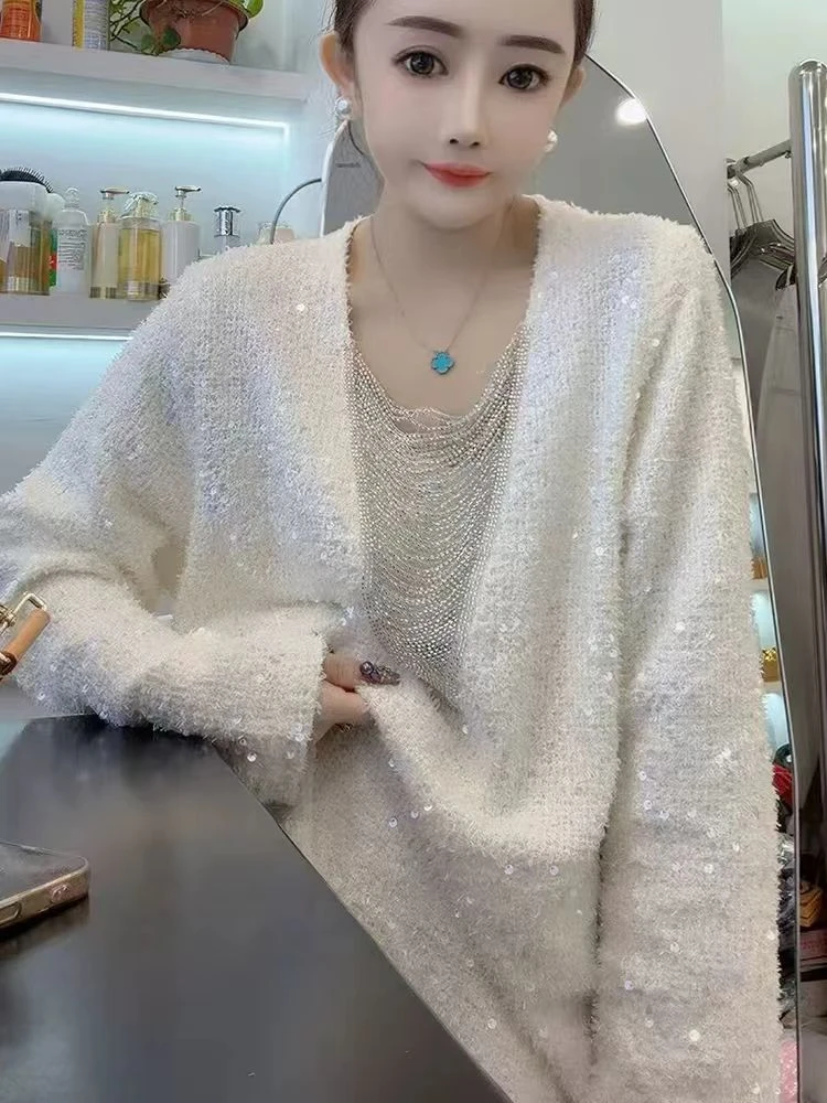 TY千金风打底链条长袖冬季欧美风V领流苏蕾丝常规T恤