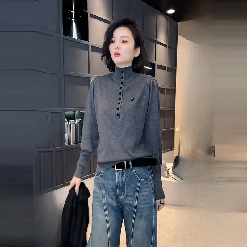 韩系宽松长袖百搭德绒T恤上衣女2025春季新款立领显瘦纯色打底衫