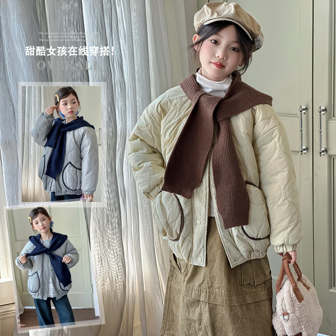 女童菱形格披肩棉服2025新款儿童棉衣外套中大童百搭洋气外穿上衣