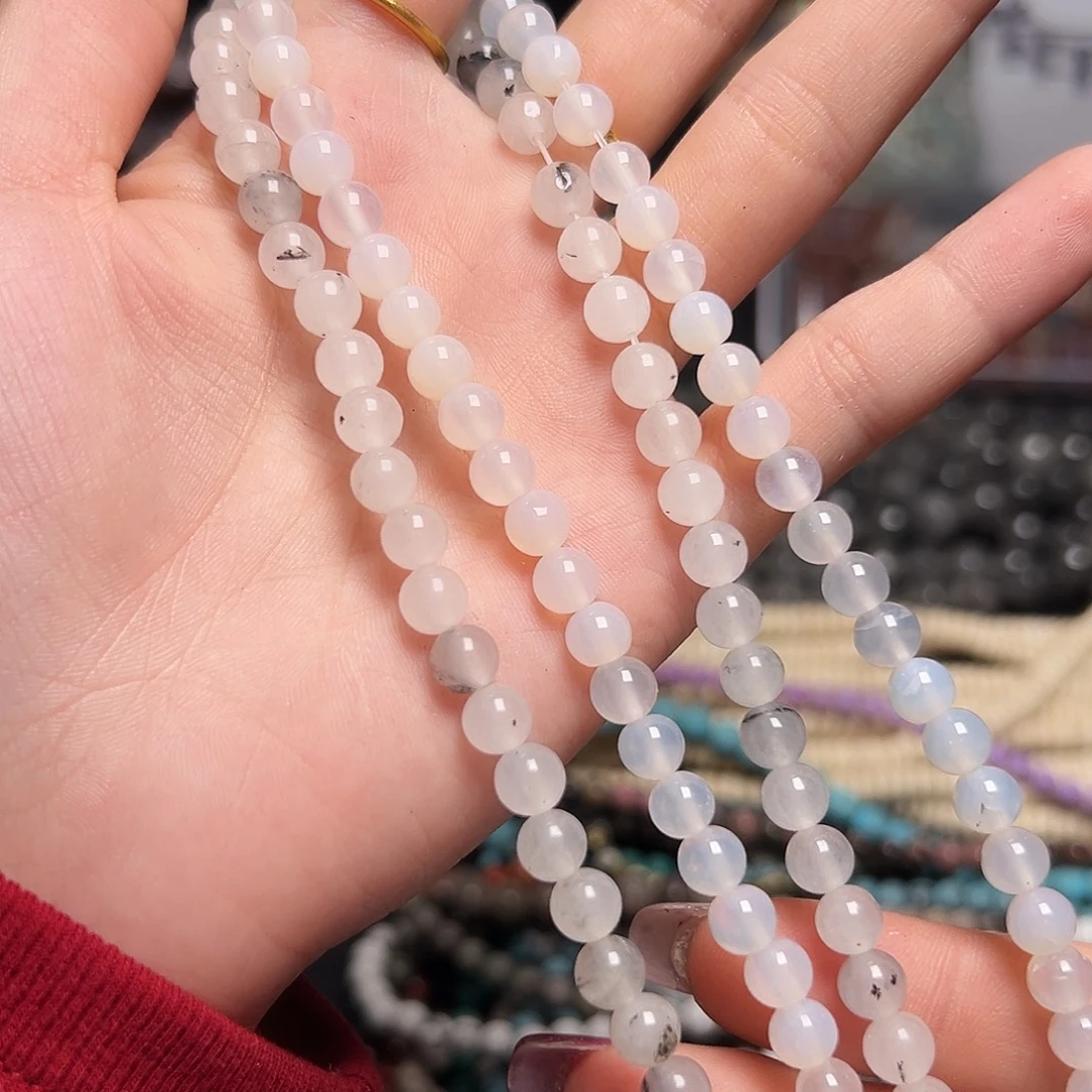 玛瑙/玉髓足银镶嵌珠宝半成品Z303。6m天然荔枝冻白玛瑙圆珠一条