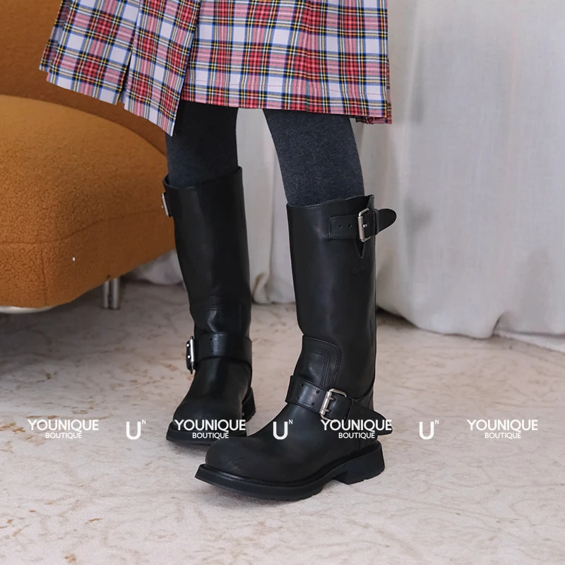 【ECHOADE】新品复古时髦做旧成色处理 宽厚大圆头设计牛皮中筒靴子