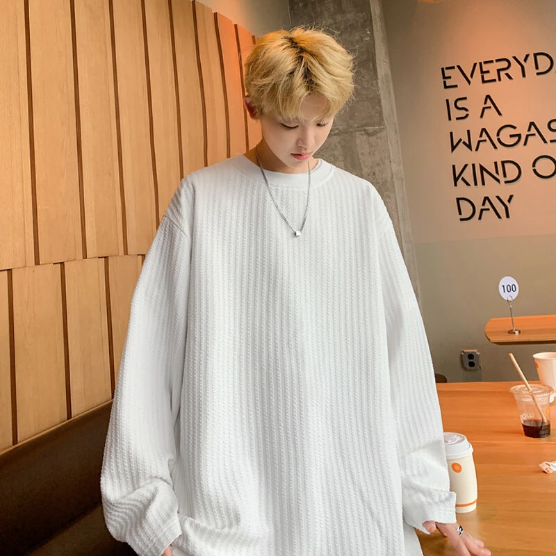 加绒秋冬港风大码圆领宽松长袖休闲韩版纯色百搭男士情侣圆领T恤