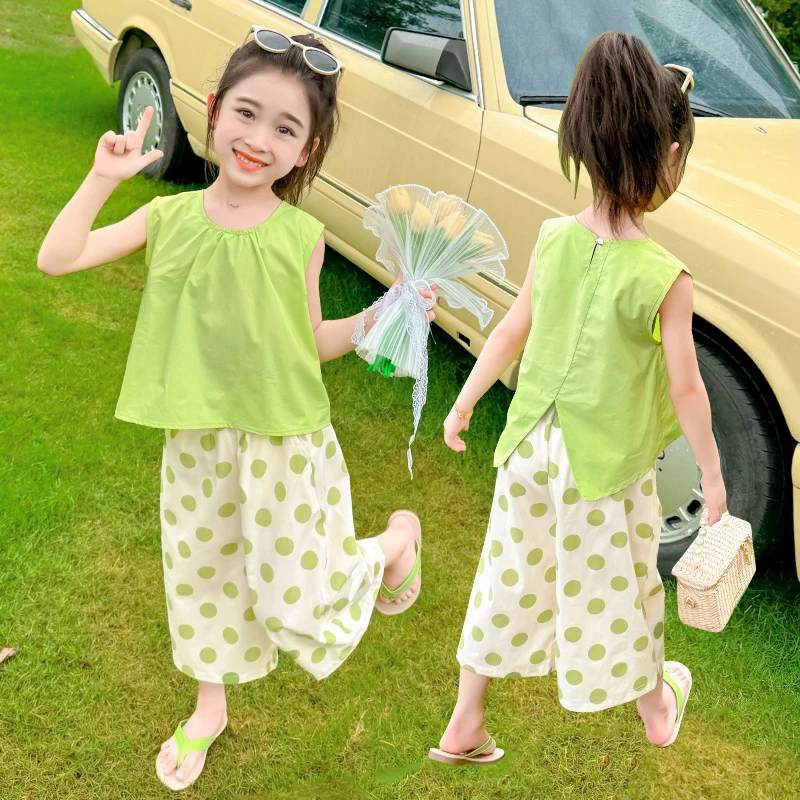 2025新款时尚休闲圆点夏季少女风女女童姜糖色套装女孩女童慵懒风