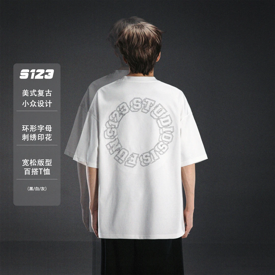 S123美式复古环形字母刺绣印花短袖T恤夏季宽松简约百搭半袖衫男