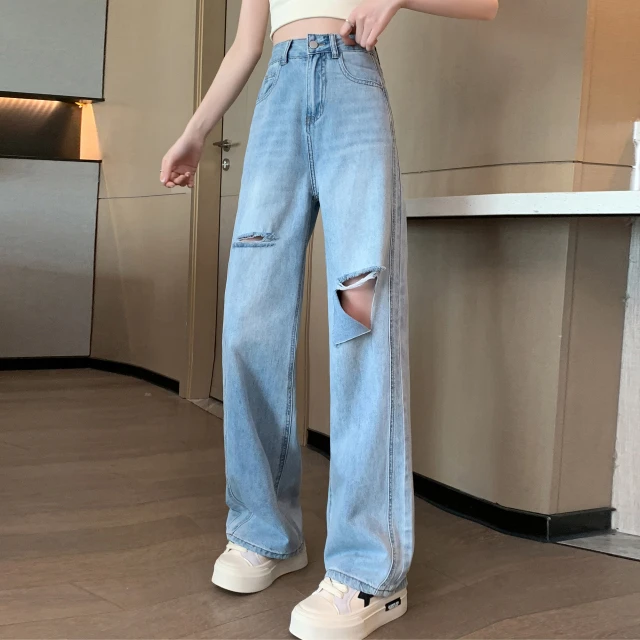 破洞高腰直筒牛仔裤女2025年新款夏季薄款冰丝小个子窄版阔腿裤潮