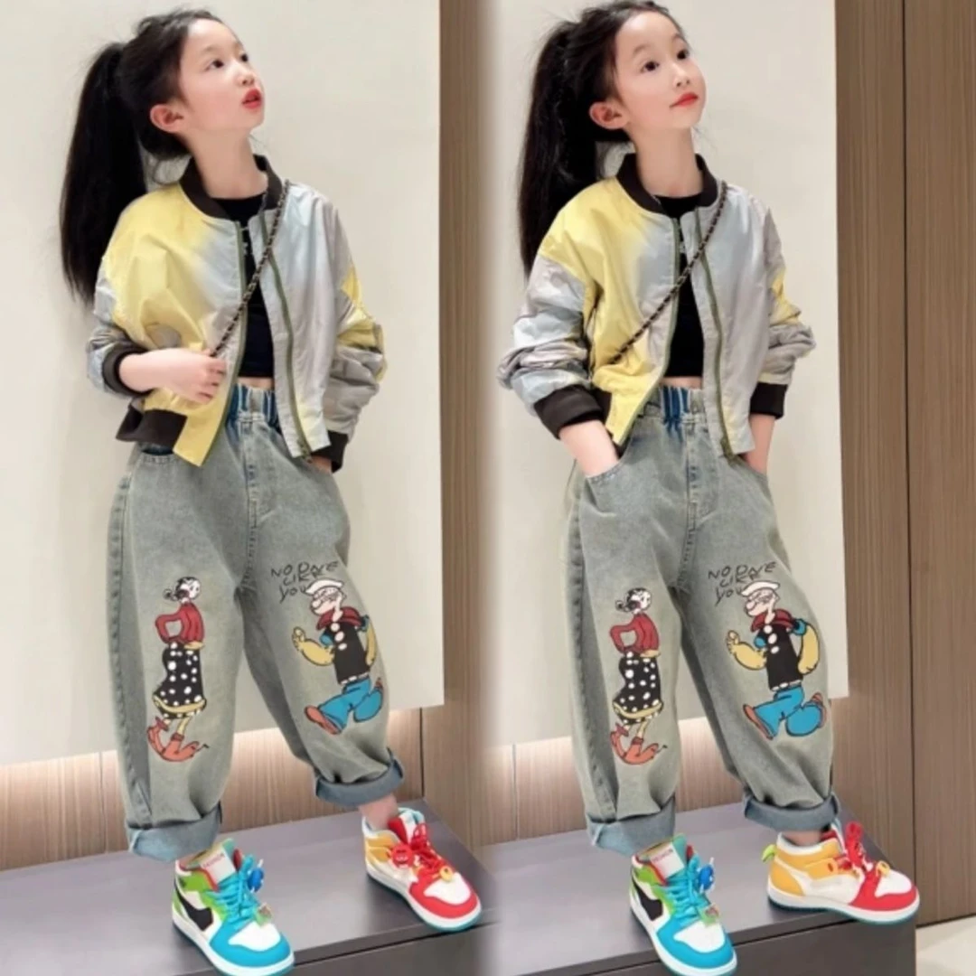 女童渐变色外套2025春装新款儿童韩系时髦棒球服百搭牛仔裤两件套