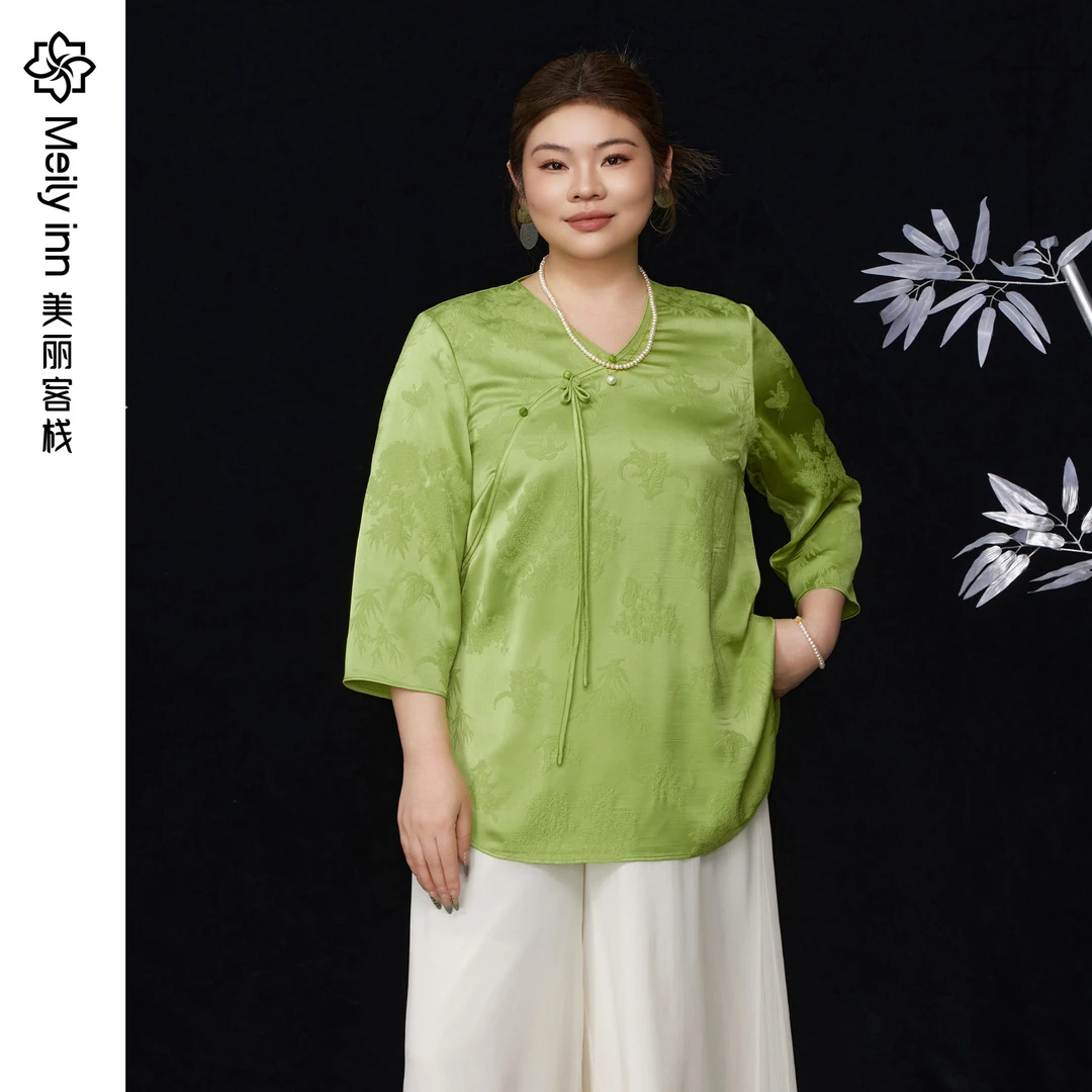美丽客栈原创高端大码女装胖mm200斤加肥加大新中式斜襟V领衬衫春