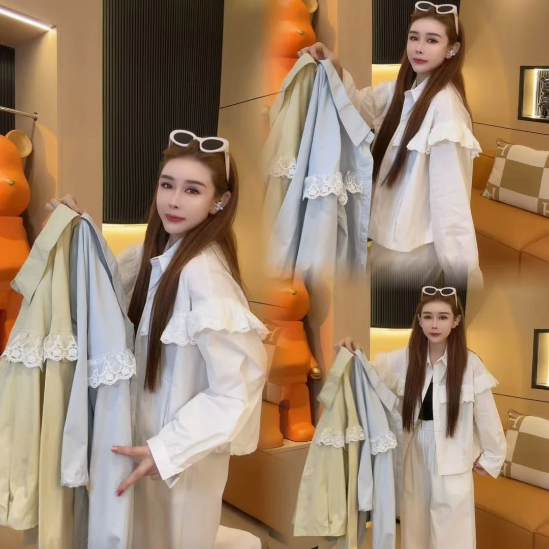 蕾丝拼接宽松POLO领单排扣上衣LL#31306