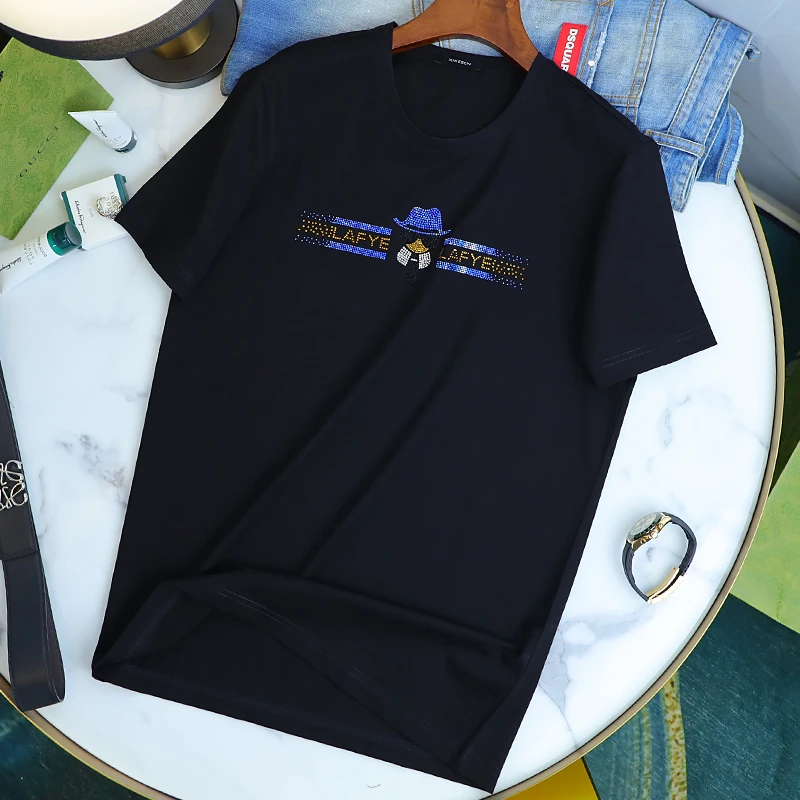 施摩瓦戈短袖T恤男款百搭休闲烫钻轻奢洋气丝光棉欧货薄款夏半袖