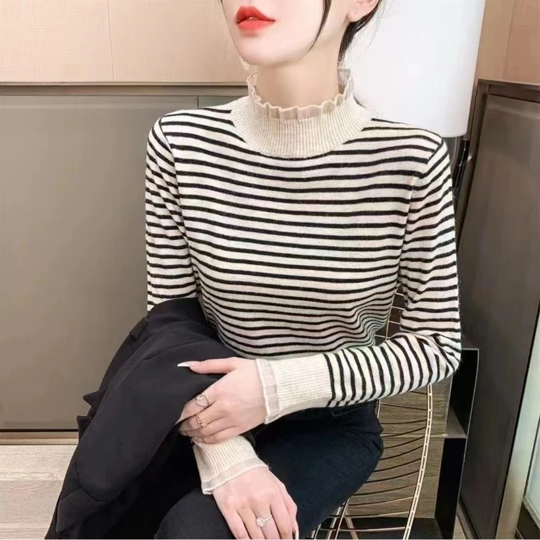 2117刺绣蕾丝领显瘦针织打底上衣打底衫内搭长袖修身毛衣百搭