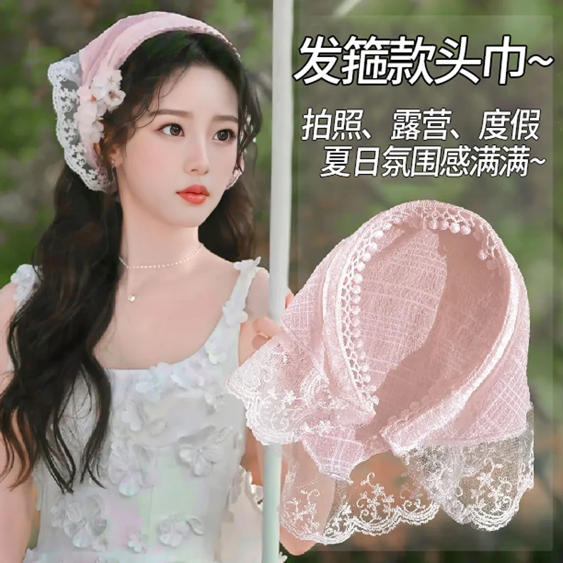 发箍款头巾女三角巾夏拍照氛围感蕾丝包头巾田园风腰带腰部装饰