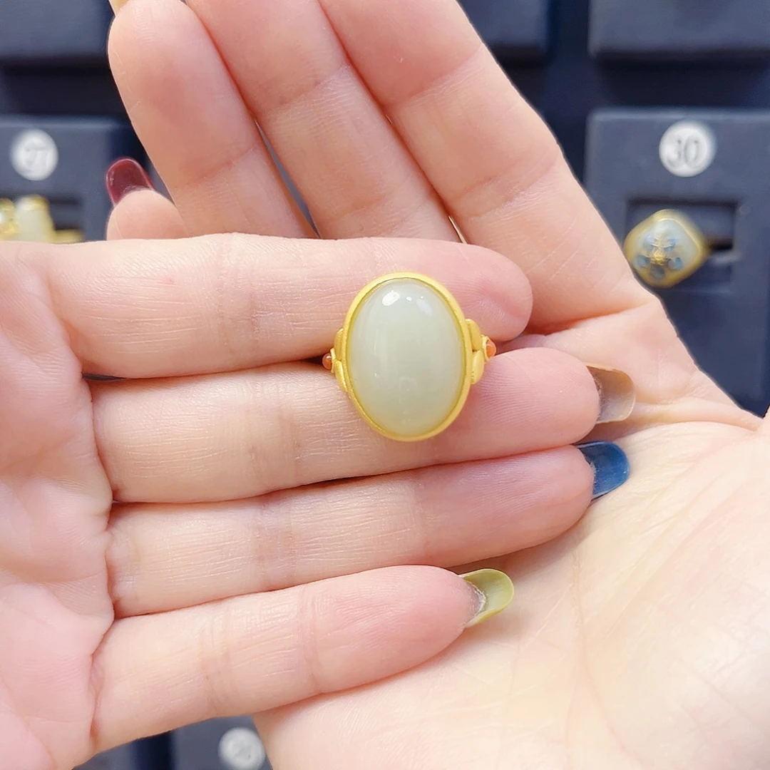 和田玉银S925镀金镶嵌戒指