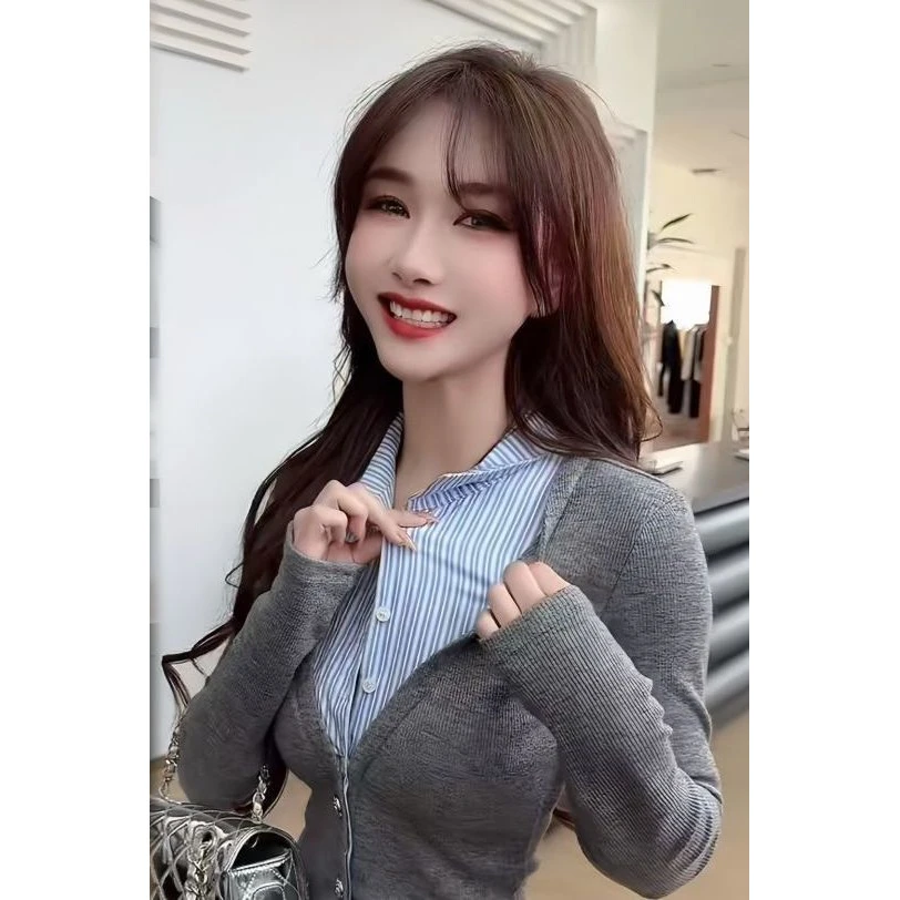 奥莱撤柜出游服装女慵懒风韩系多巴胺条纹拼接Polo领长袖针织衫女