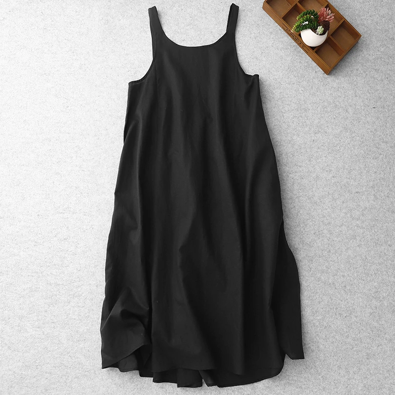 日系文艺棉麻黑色背带长裙女夏季显瘦打底吊带裙子百搭无袖连衣裙