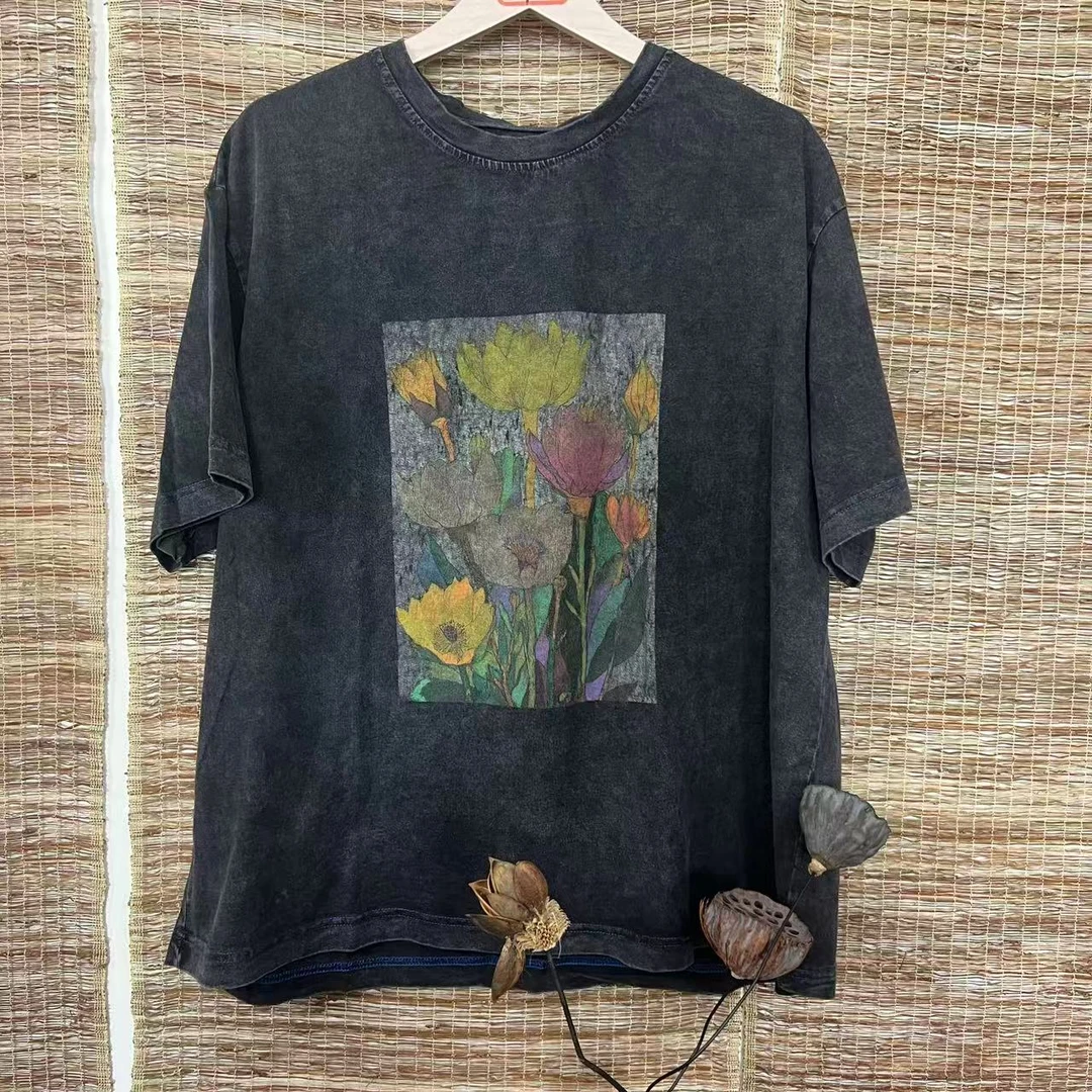 M 132荷花纯棉炒色做旧圆领宽松T恤衫（衣长65、胸围124）