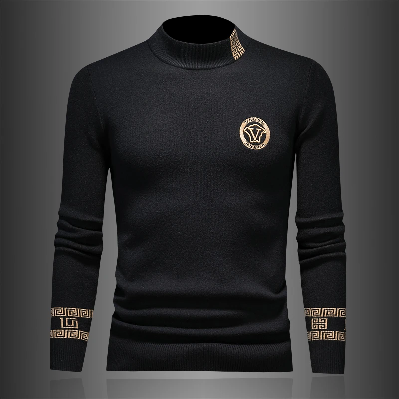 希敦纽勒欧货秋冬半高领刺绣卫衣男士打底衫时尚修身百搭毛衣潮流