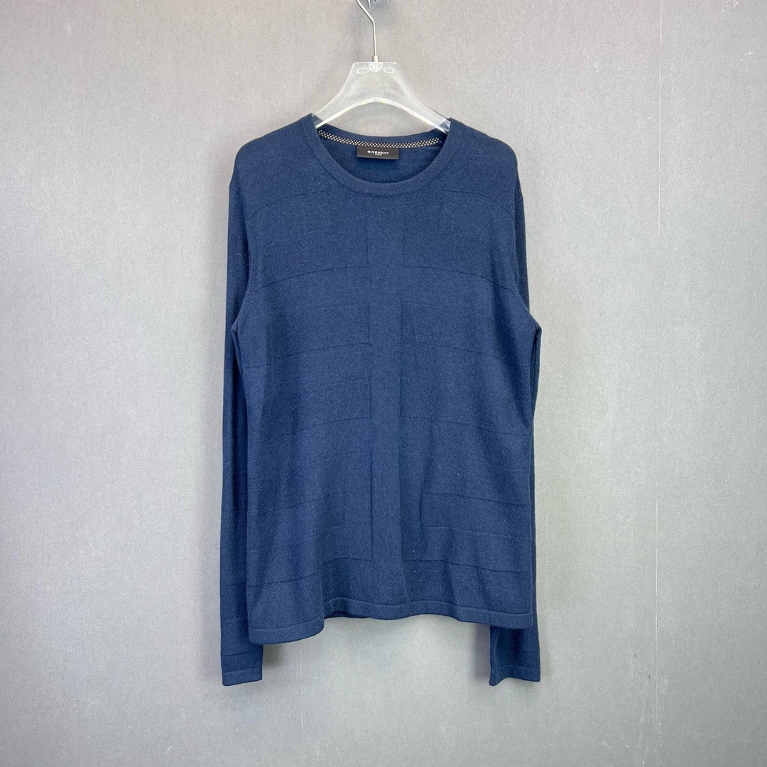 95新 Givenchy/纪梵希 L码/灰蓝色针织格子圆领长袖毛衣/11764443