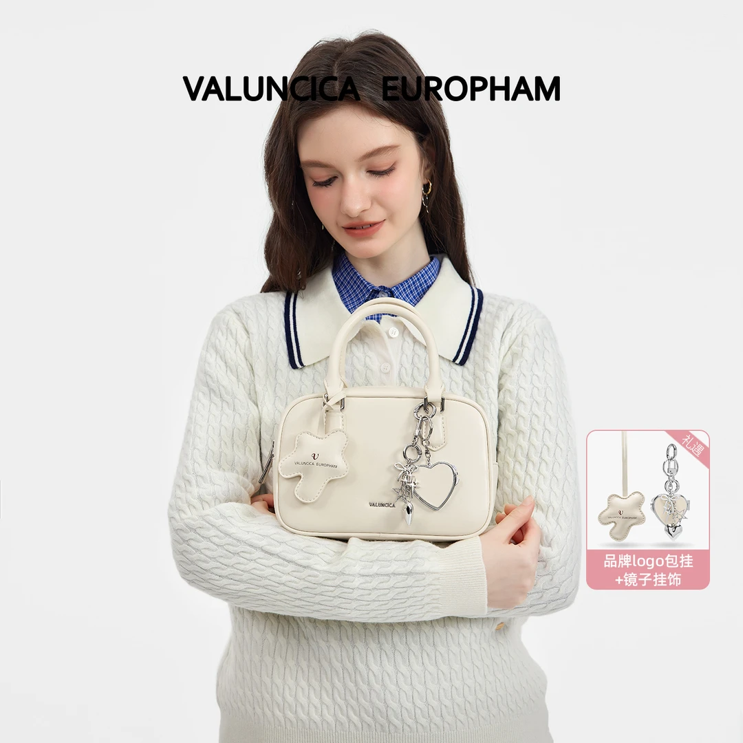 Valuncica/华伦西亚贝塔小方包新款保龄球包牛皮斜挎波士顿包包女