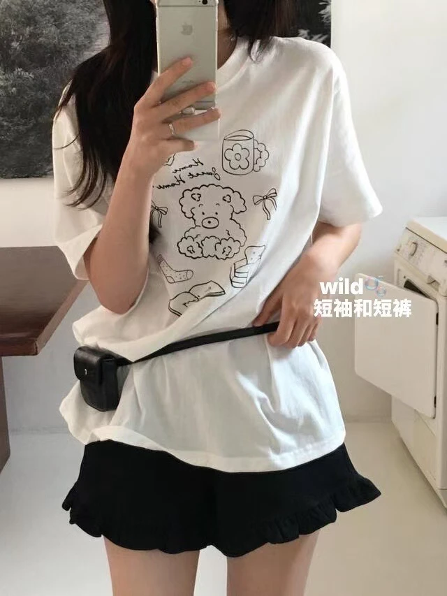 韩国东大门代购小狗短袖花边短裤