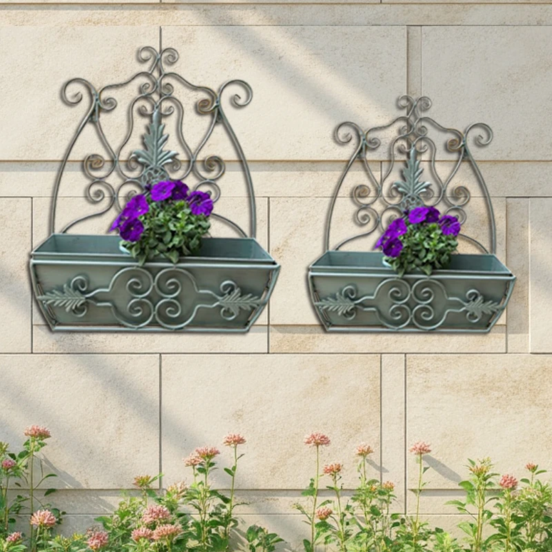 做旧带盆铁艺壁挂花盆架悬挂式花架子欧式装饰墙壁花篮挂篮阳台
