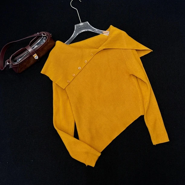 新款韩版修身显瘦一字肩长袖针织衫女秋冬内搭上衣