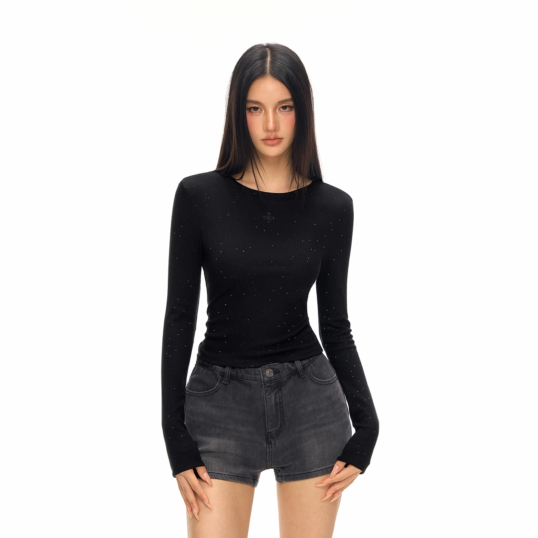 【双11好物】CLIMAX VISION天丝羊毛十字花烫钻短款显瘦长袖T恤打底