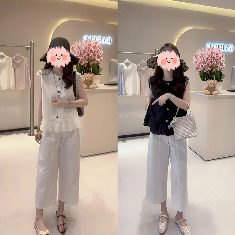 2025夏季气质单排扣无袖马甲小香风上衣休闲裤百搭阔腿八分裤套装