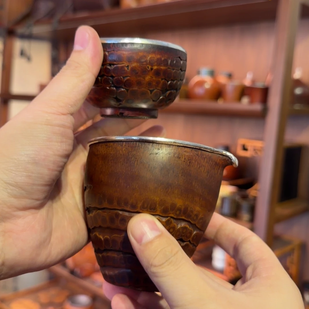 用***3一出竹够竹根包银公道杯加竹根竹人杯