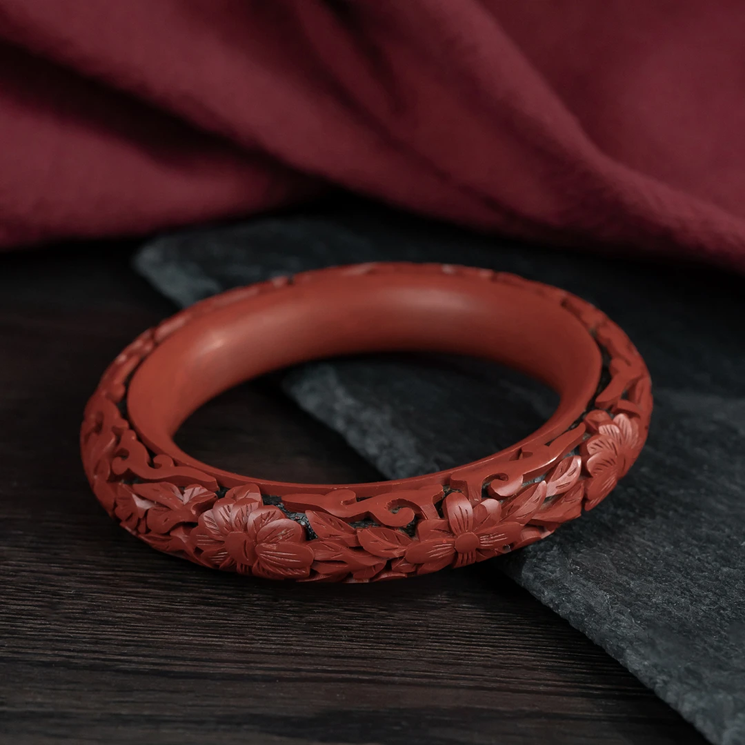 非遗雕漆手工大红花喜庆漆器手镯 16003045