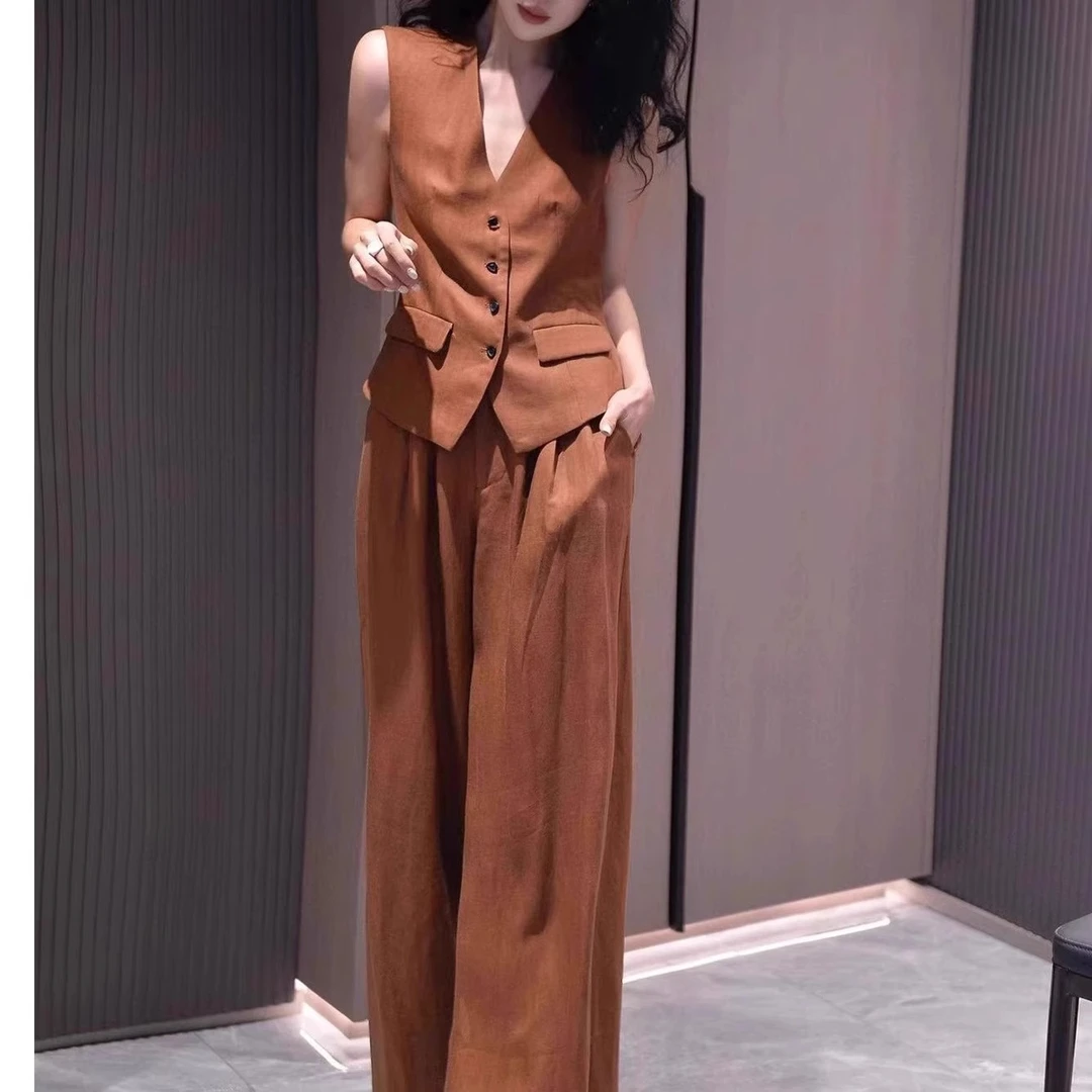 高端慵懒老钱风时尚御姐范气质套装女修身西装马甲阔腿长裤两件套
