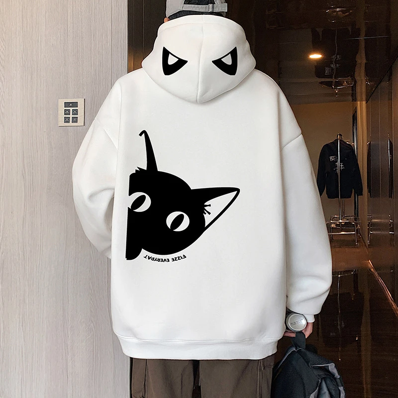 连帽卫衣男2025新款休闲美式帽衫秋冬季大码卡通猫咪潮牌运动外套