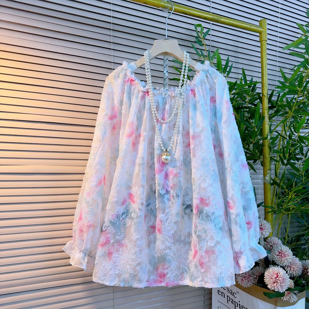 8323胖妹妹时尚韩版慵懒风宽松遮肉显瘦百搭款插肩袖设计感碎花衫