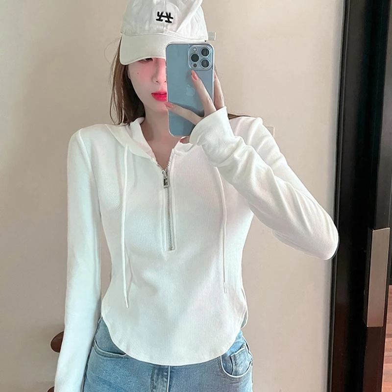 春秋白色T恤时尚潮流卫衣外套女半拉链修身长袖t恤短款正品正