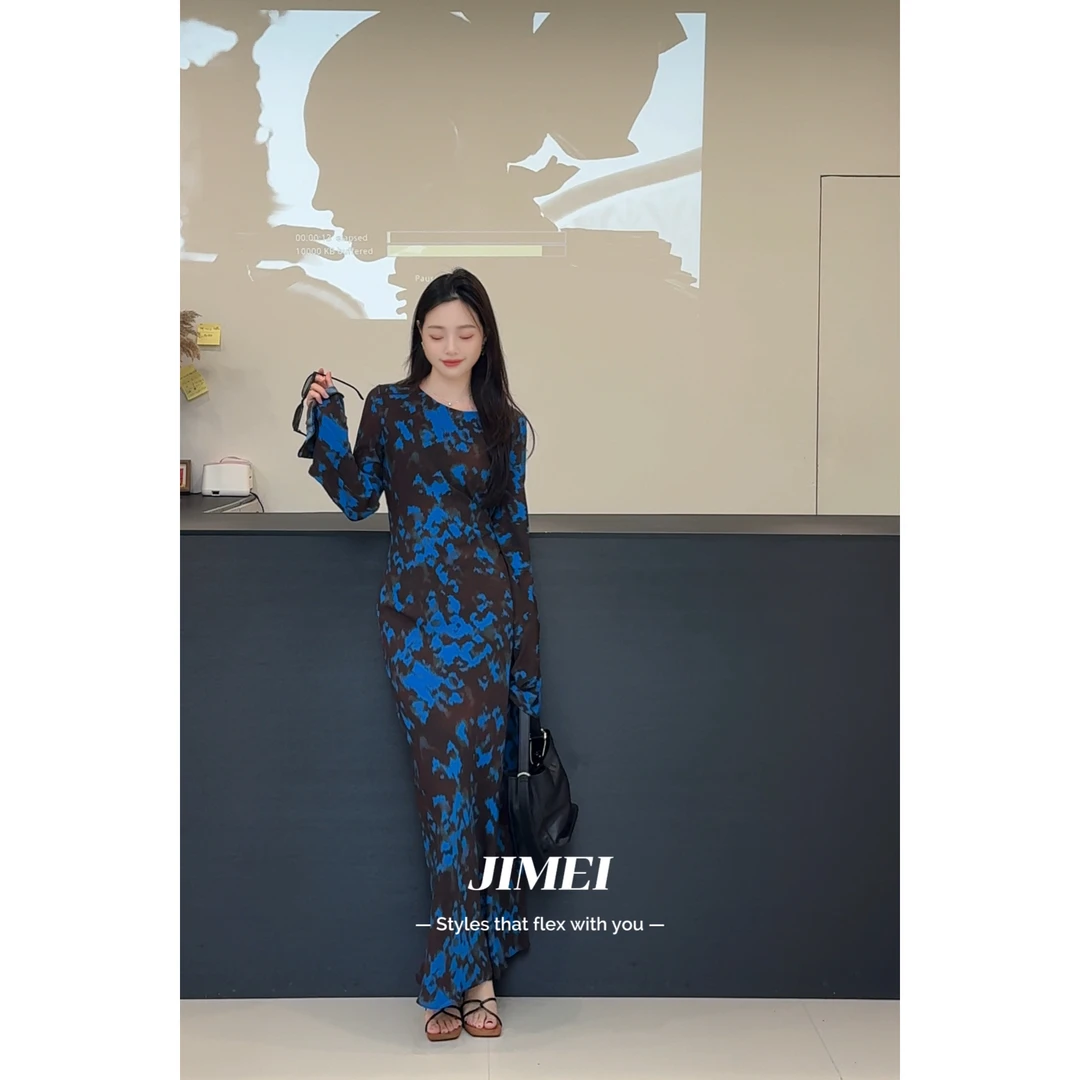 高级感蓝玫瑰印花显瘦慵懒长袖气质长款碎花连衣裙修身长裙