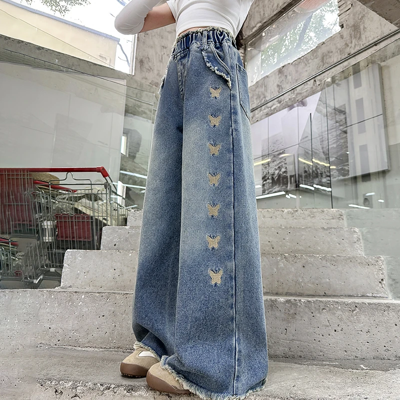 女童春秋款牛仔裤2025新款女大童春季阔腿裤子洋气儿童春装直筒裤