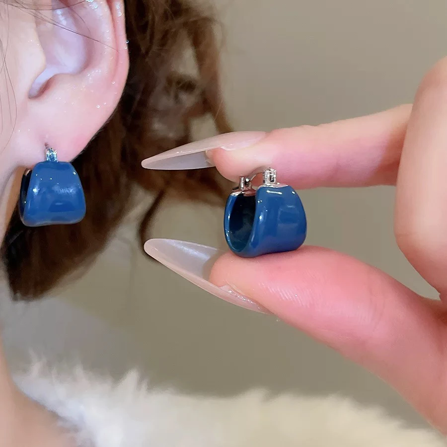 铜合金耳饰 高端滴油蓝色耳扣~显白克莱因蓝几何耳圈 A192