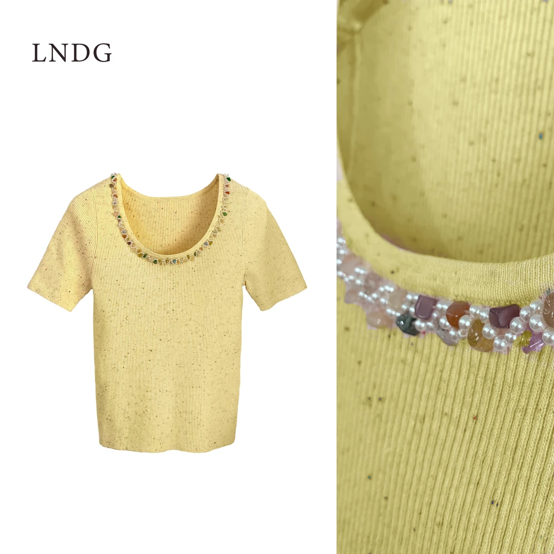 LNDG高端定制早春新款圆领短袖钉珠亚麻LNDG59178