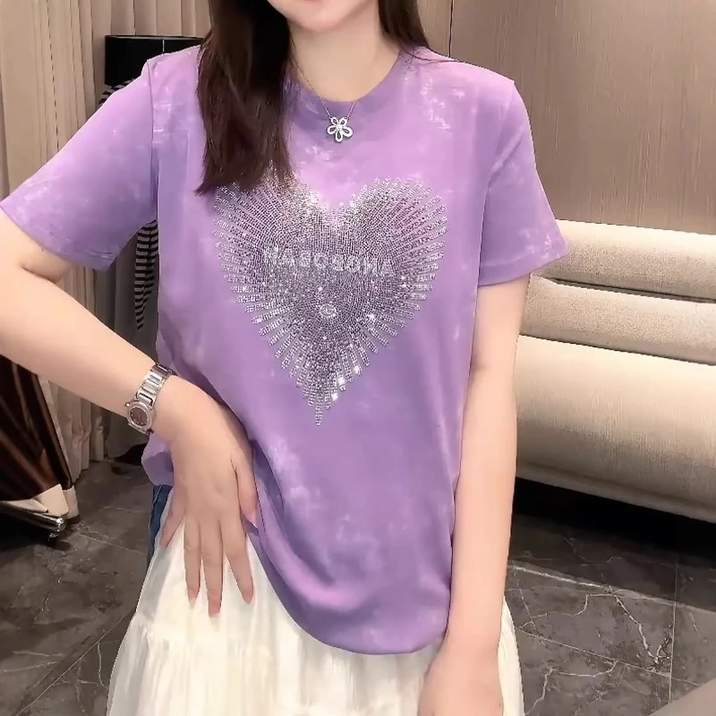 高级感扎染短袖T恤女夏季薄款胖MM大码女装显瘦宽松爱心烫钻上衣
