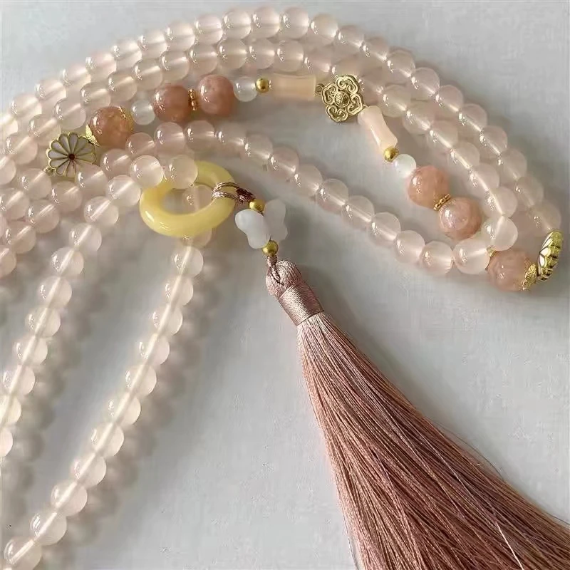 非金属玻璃项链 新中式藕粉色串珠流苏项链国风长款斜挎链背背链