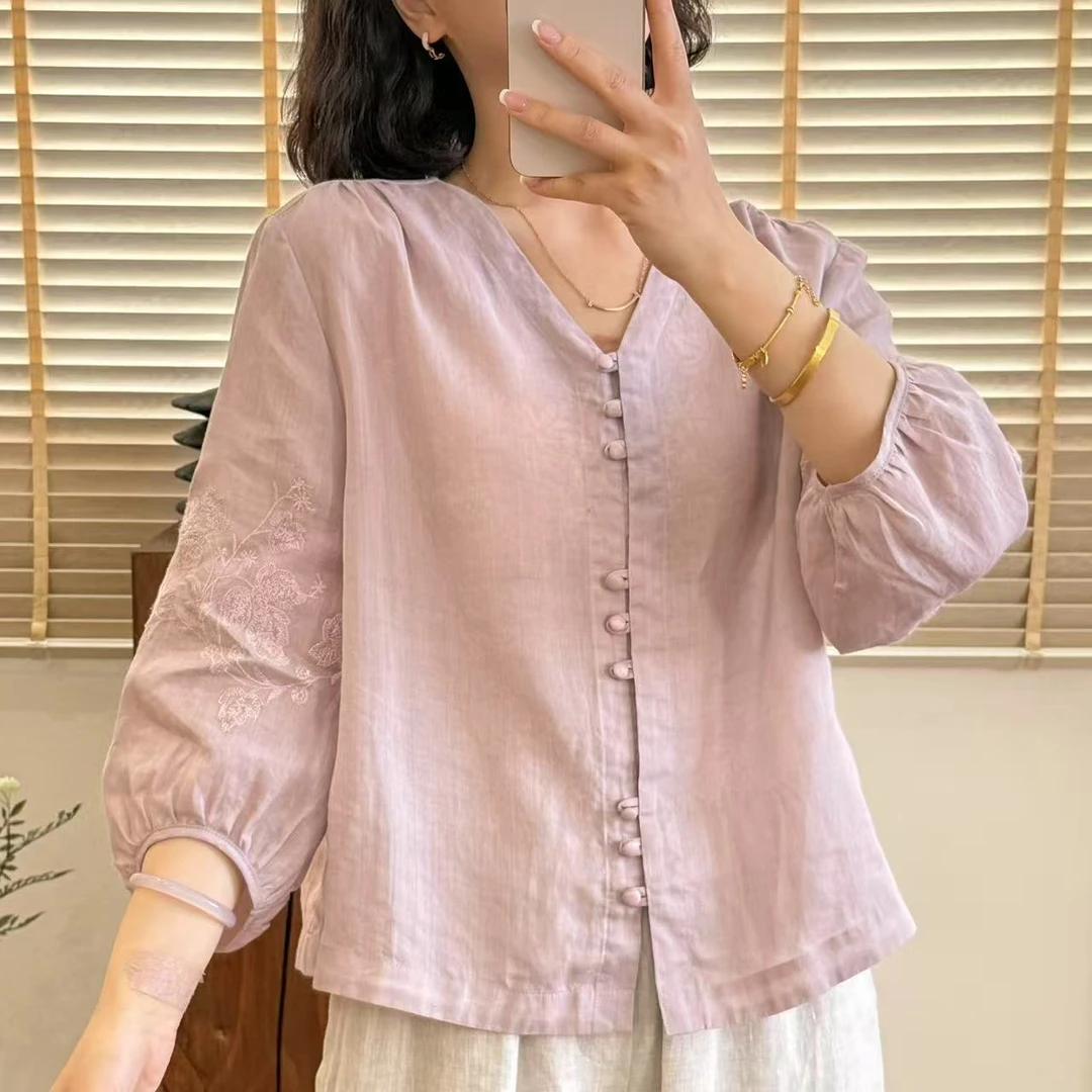常樂家2025夏季新款高端苎麻文艺刺绣V领小衫A801