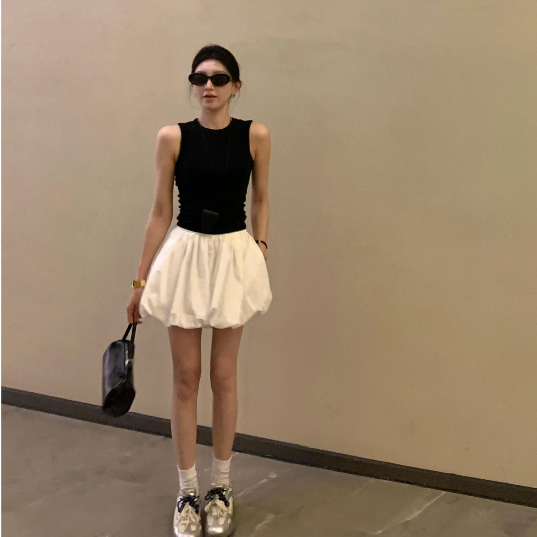 法式修身显瘦气质无袖背心女装夏季2025新款高腰白色花苞半身裙子