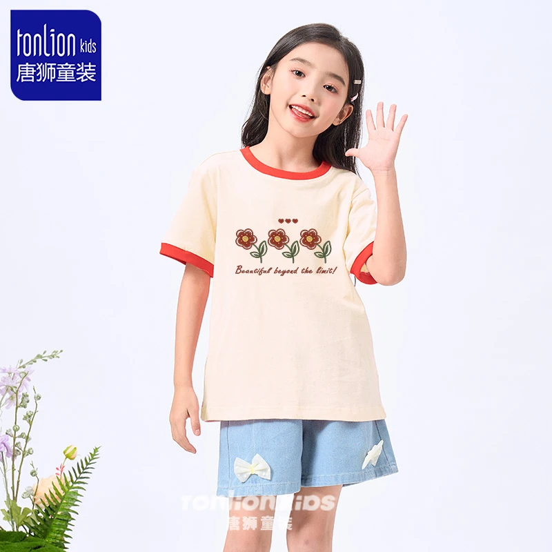 唐狮童装女童t恤短袖女大童2025新款撞色打底衫儿童洋气运动服潮