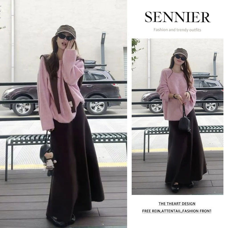 秋冬搭2025新款百搭披肩宽松纯色长袖针织衫显瘦高腰半身裙三件套