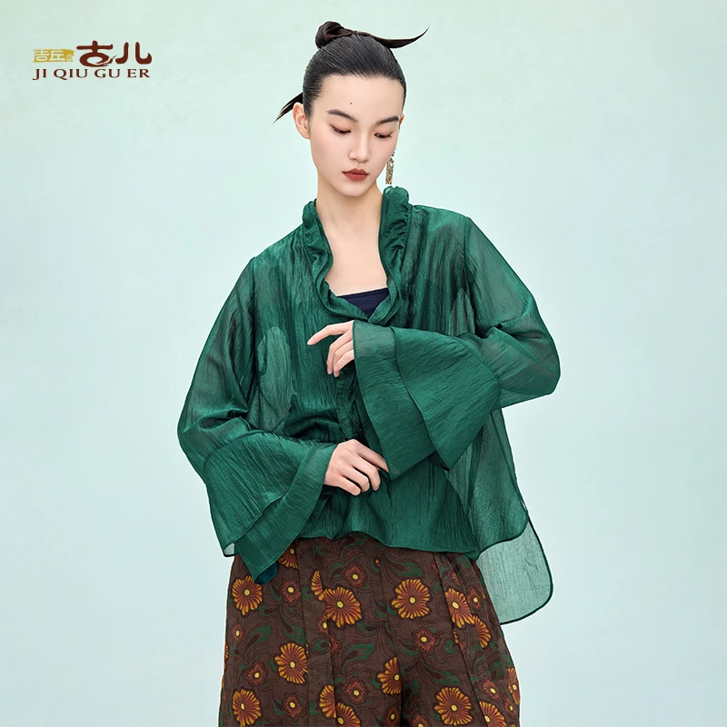 吉丘古儿疏雨原创中式上衣拼接荷叶边宽松舒适百搭小衫绿G251Y038