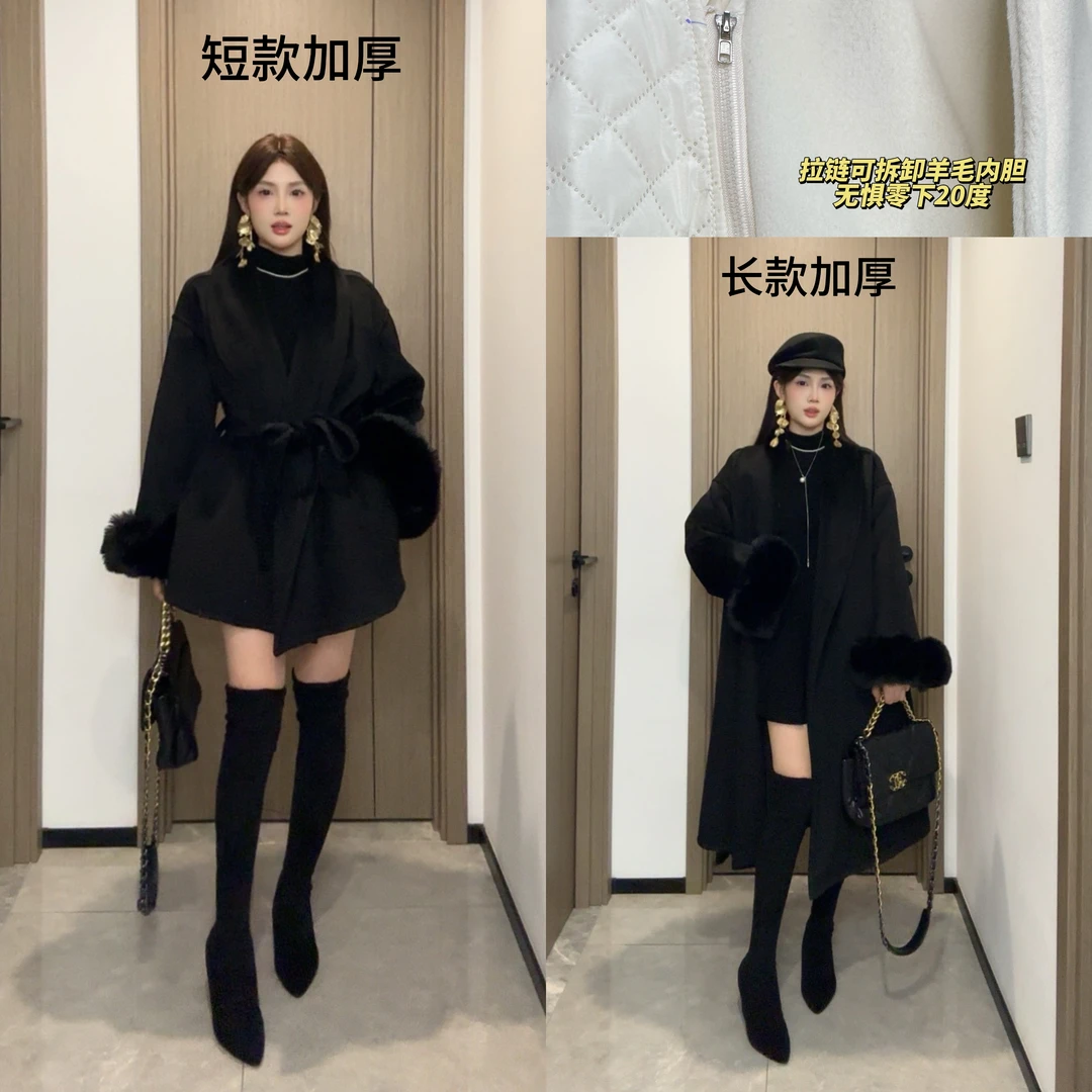 【芯芯】新秋冬可拆羊毛内胆宽松百搭双面呢羊毛大衣+同色系毛领005